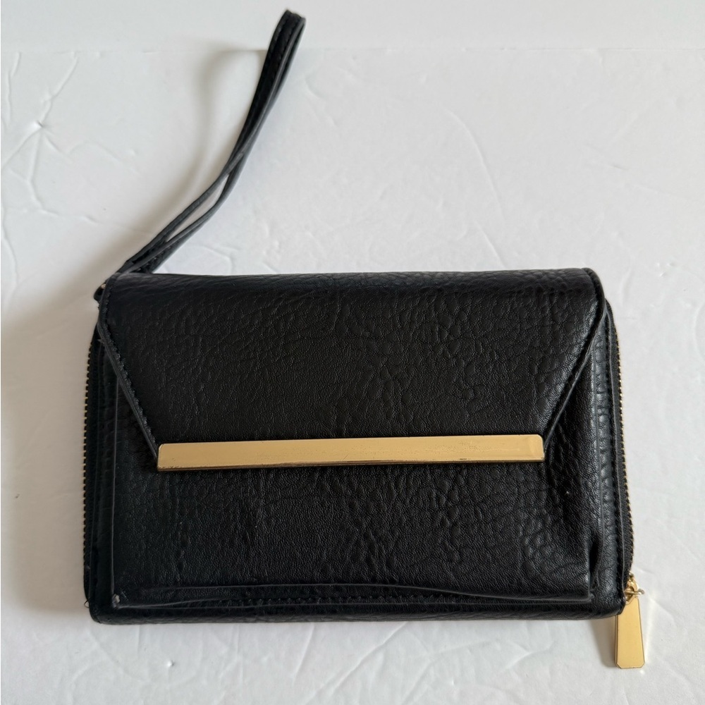 Black Leather Modern Wristlet Clutch Purse